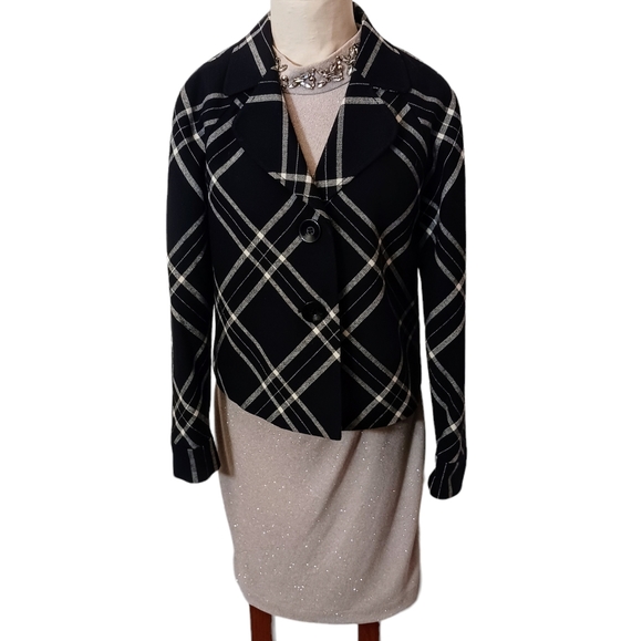 WOOL Career Jacket Black White French Styled Boxy Short Blazer Geometric Sz 8 - Picture 6 of 17